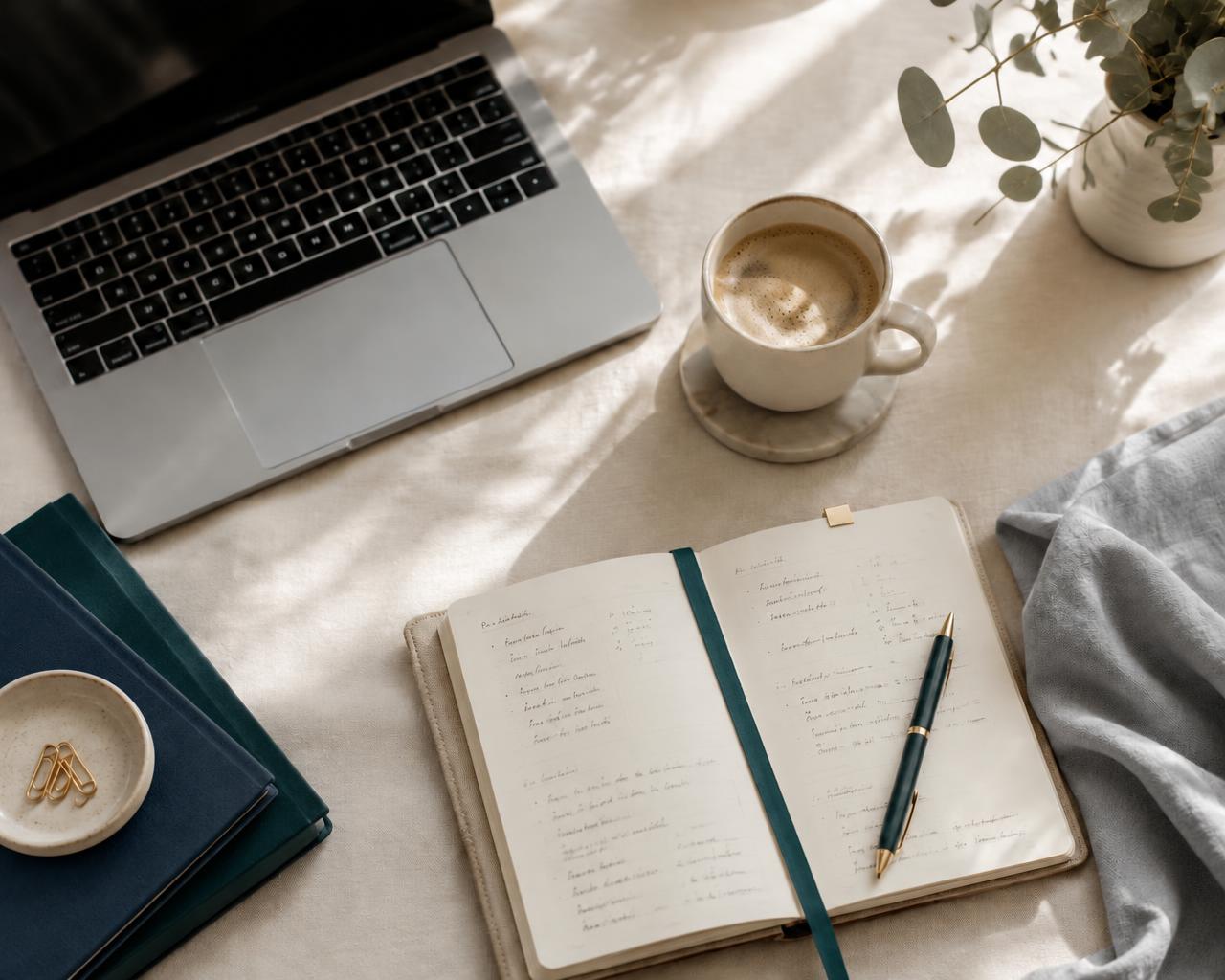 Tidy desk with laptop, planner and coffee in soft natural light